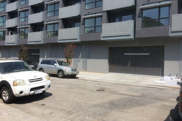 Street view of parking garage doors