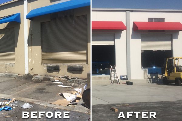 Before picture of broken down garage door and after picture of brand new garage door installation